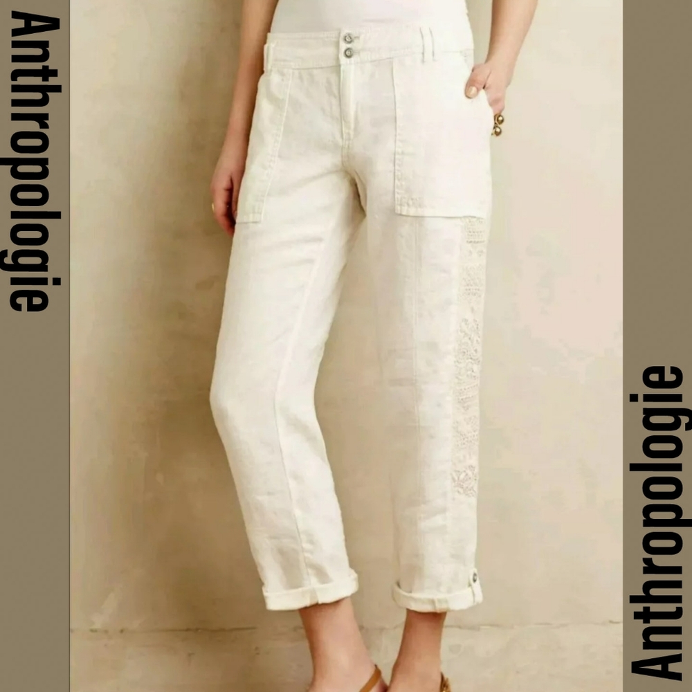 Anthropologie | Linen Embroidered Cropped Pants